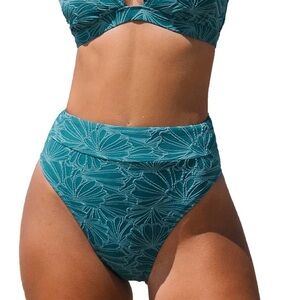 NWT CUPSHE Teal Floral Jacquard Women's Swim Bikini Bottom Small